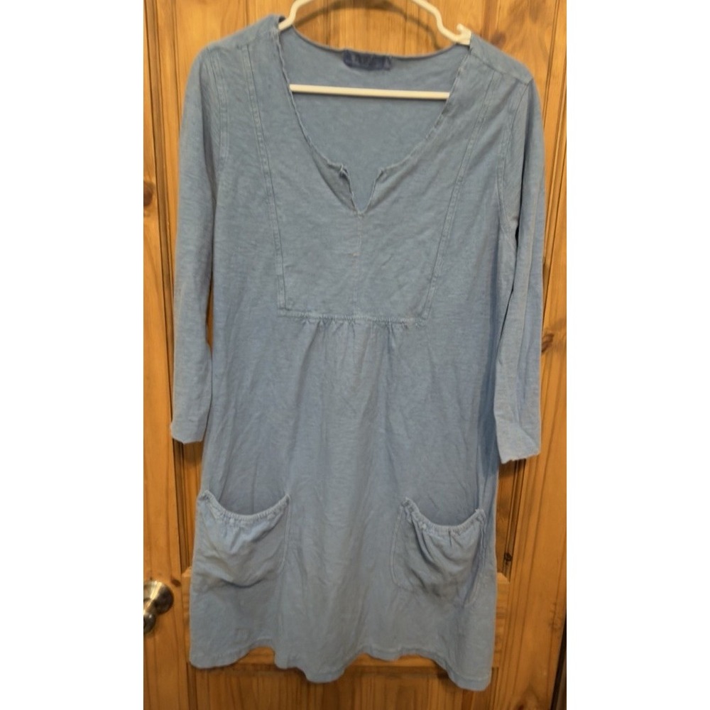 Cut Loose Dress M Blue Cotton Linen V Neck 3/4 Sleeve Pocket Tunic Lagenlook